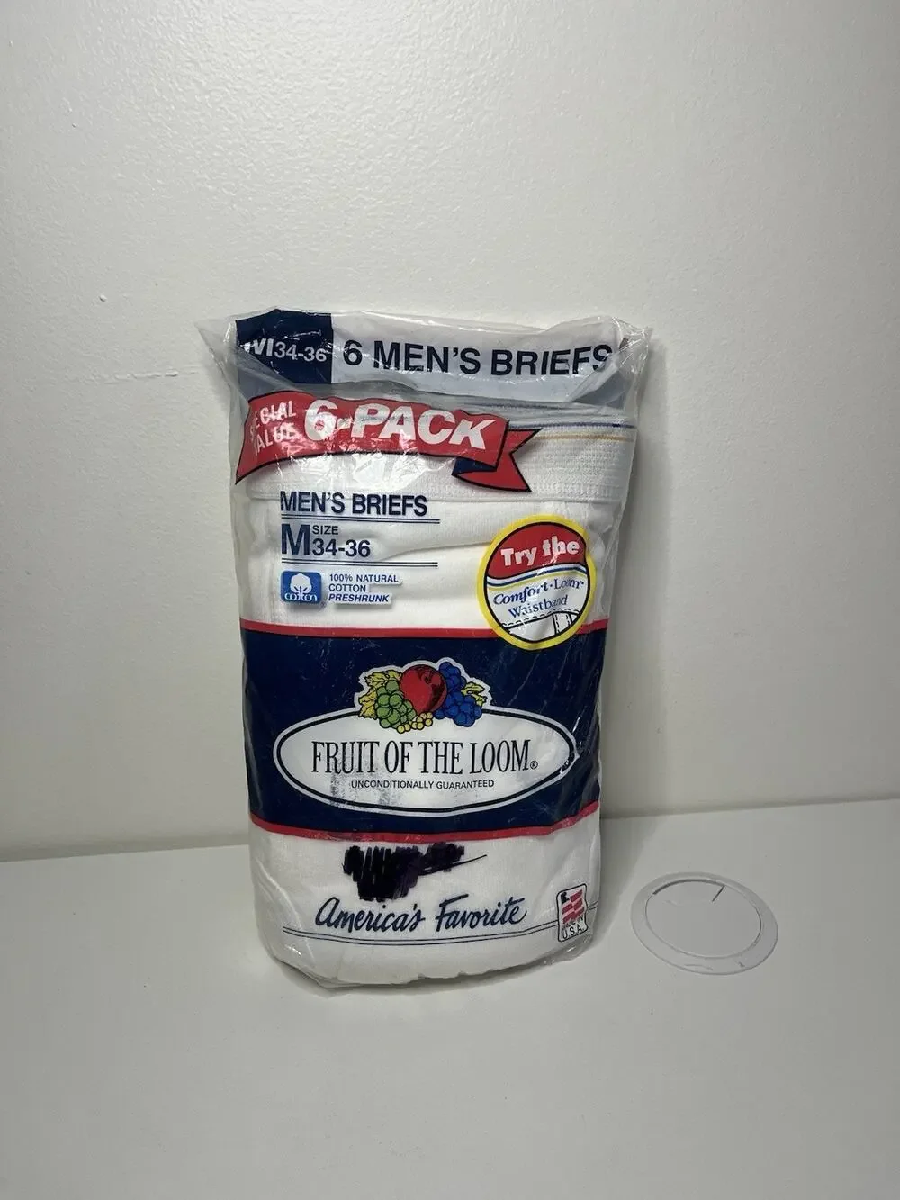Vtg New 1992 Fruit of the Loom Mens Briefs White 6 Pack Size Medium 34-36 NOS